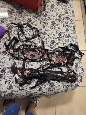 SHEIN Black Sheer Floral Embroidered Bra and Garter Set